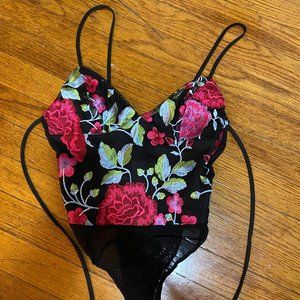 Topshop Floral Embroidered Bodysuit In Black Multi